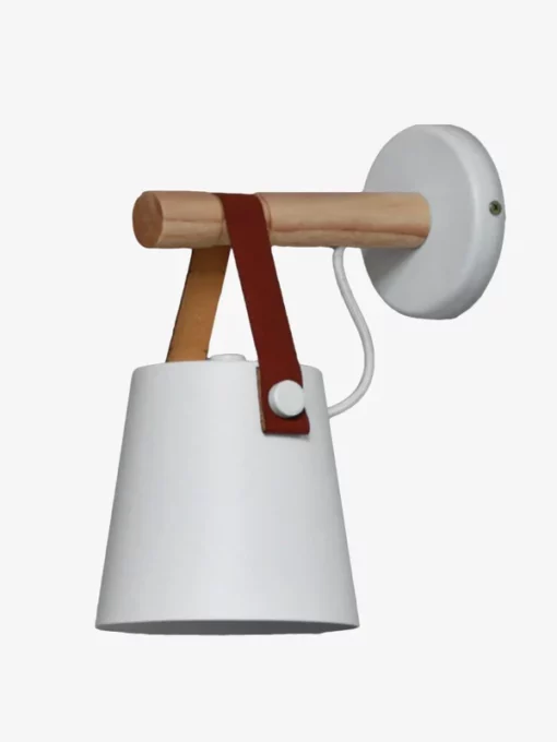 White wooden LED wall light with hanging lampshade