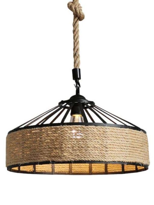 Ceiling lamp with black structure and rattan suspended by a cord