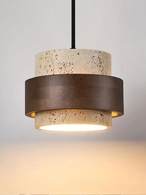 Pendant lamp in travertine and wood - Ø17 cm