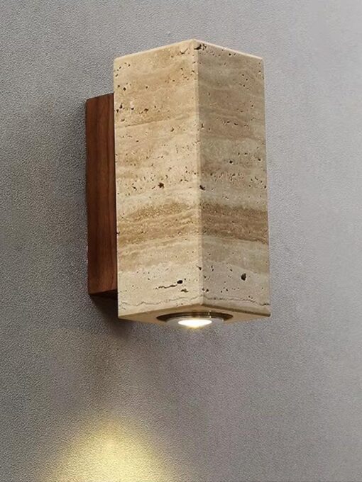 Travertine and wood wall lamp, rectangular - H16 cm